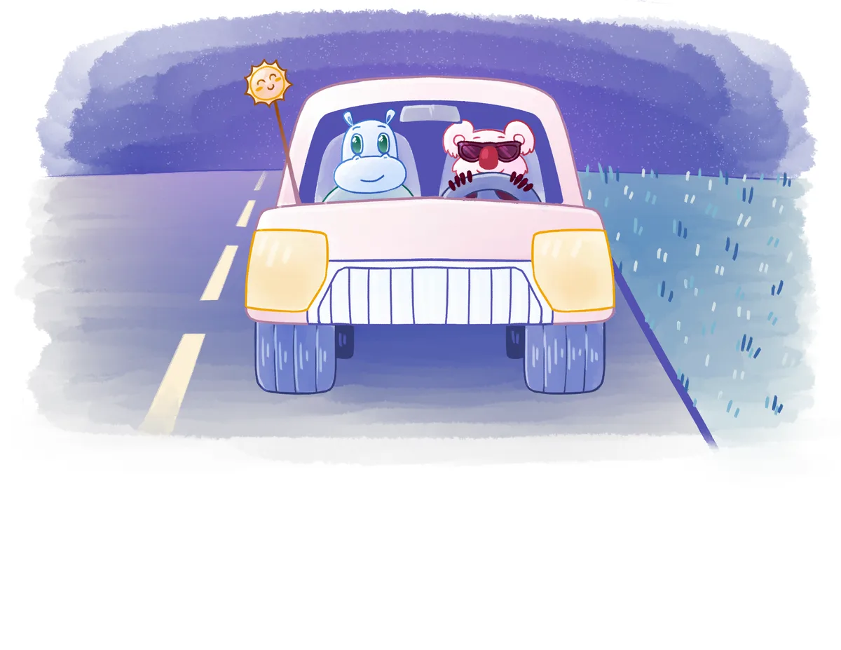 The pair drive a pink SUV down a rain-streaked highway at dusk.