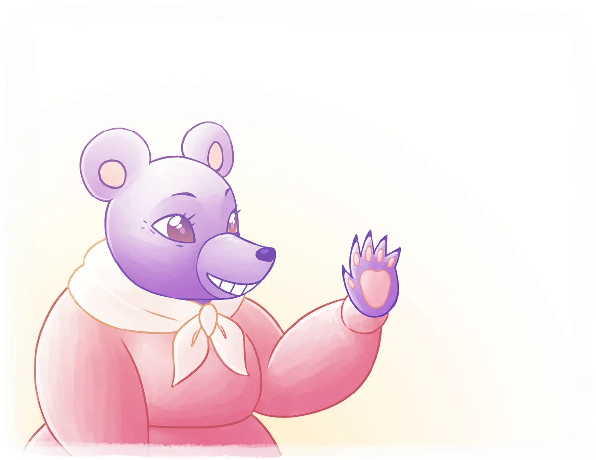 Hana, a purple bear in a pink coat and neckerchief, waves hello.