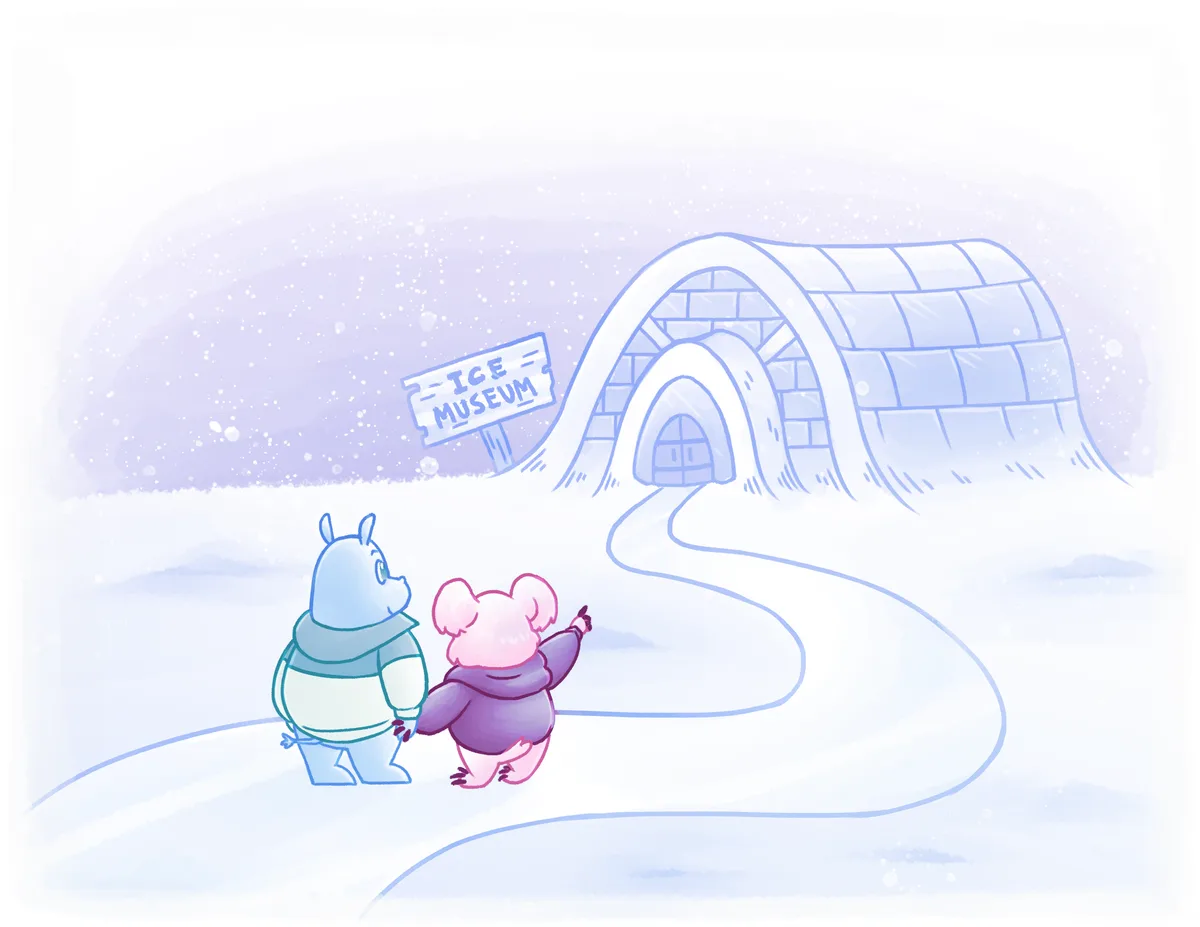 The pair walk a snowy path toward a domed ice building, a signpost reading "ICE MUSEUM".