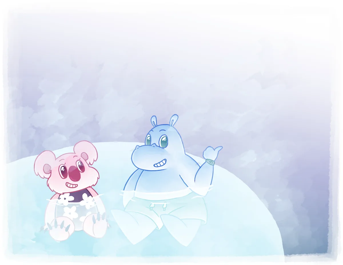 Hope and Harry sit shoulder deep in a steaming pale blue hot spring at night.