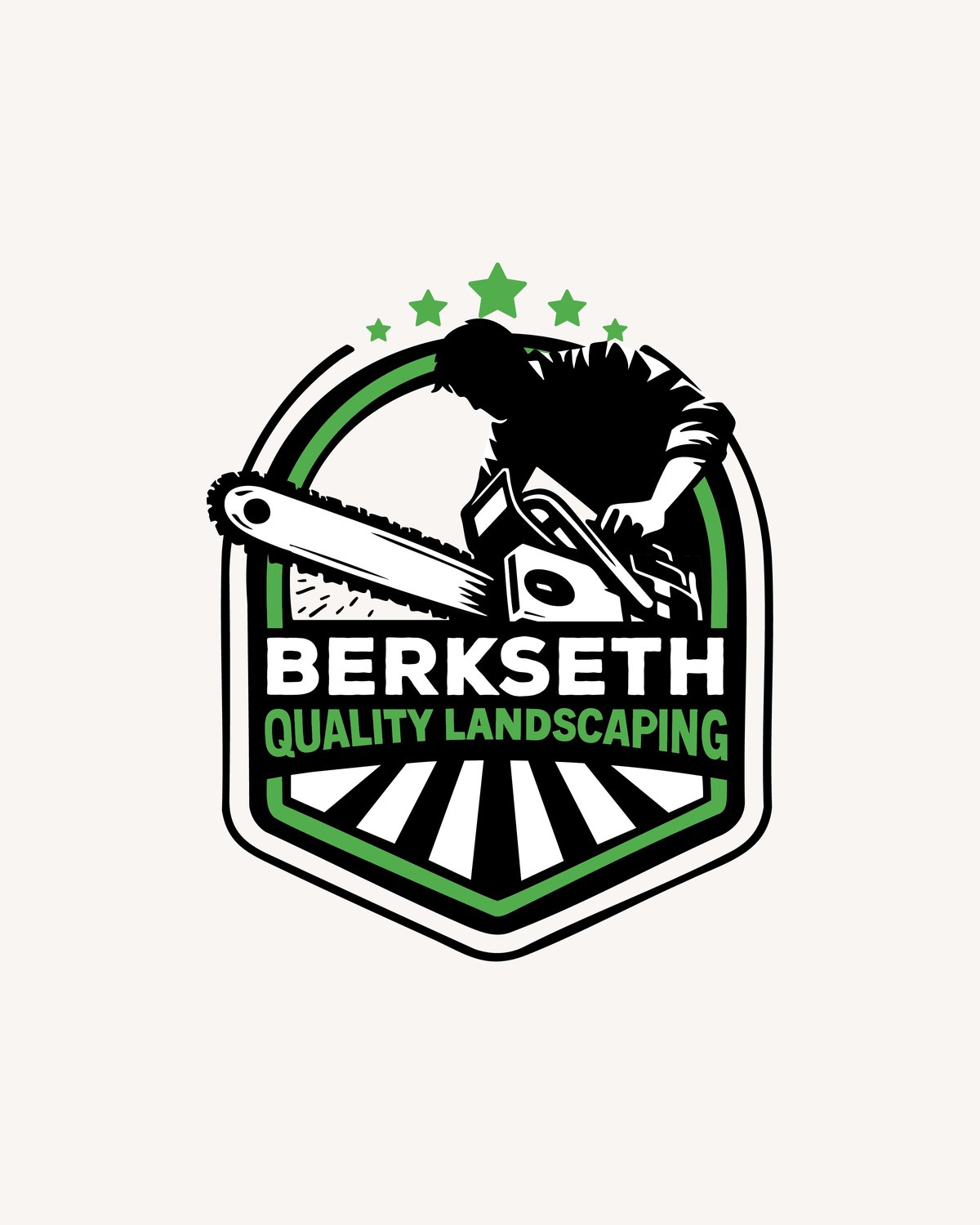 Berkseth Quality Landscaping badge logo with a chainsaw silhouette in green and black
