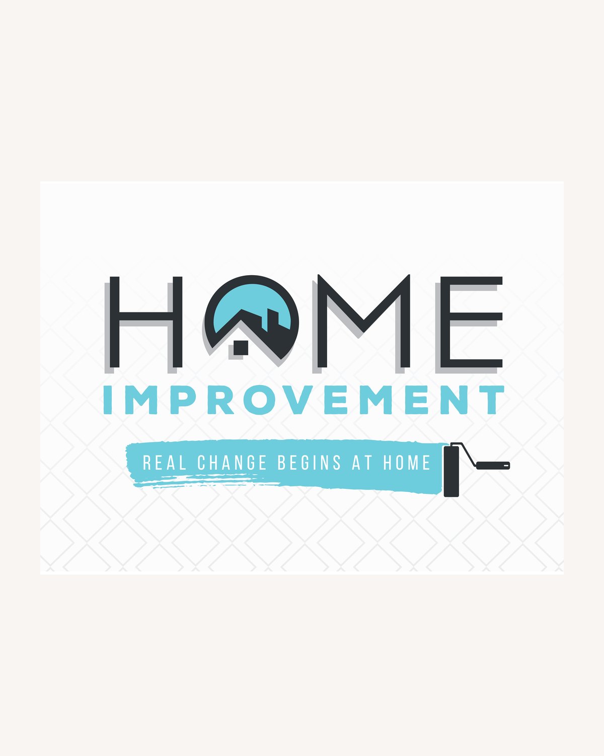 Series logotype reading "Home Improvement" with a rooftop drawn inside the O, above a paint-roller stroke carrying the line "real change begins at home"
