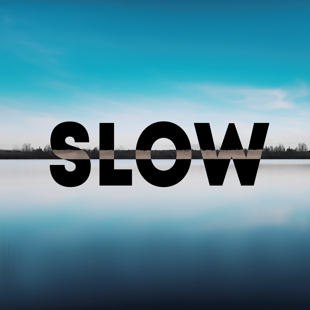 SLOW title card mirrored across a still lake, third of a three part series